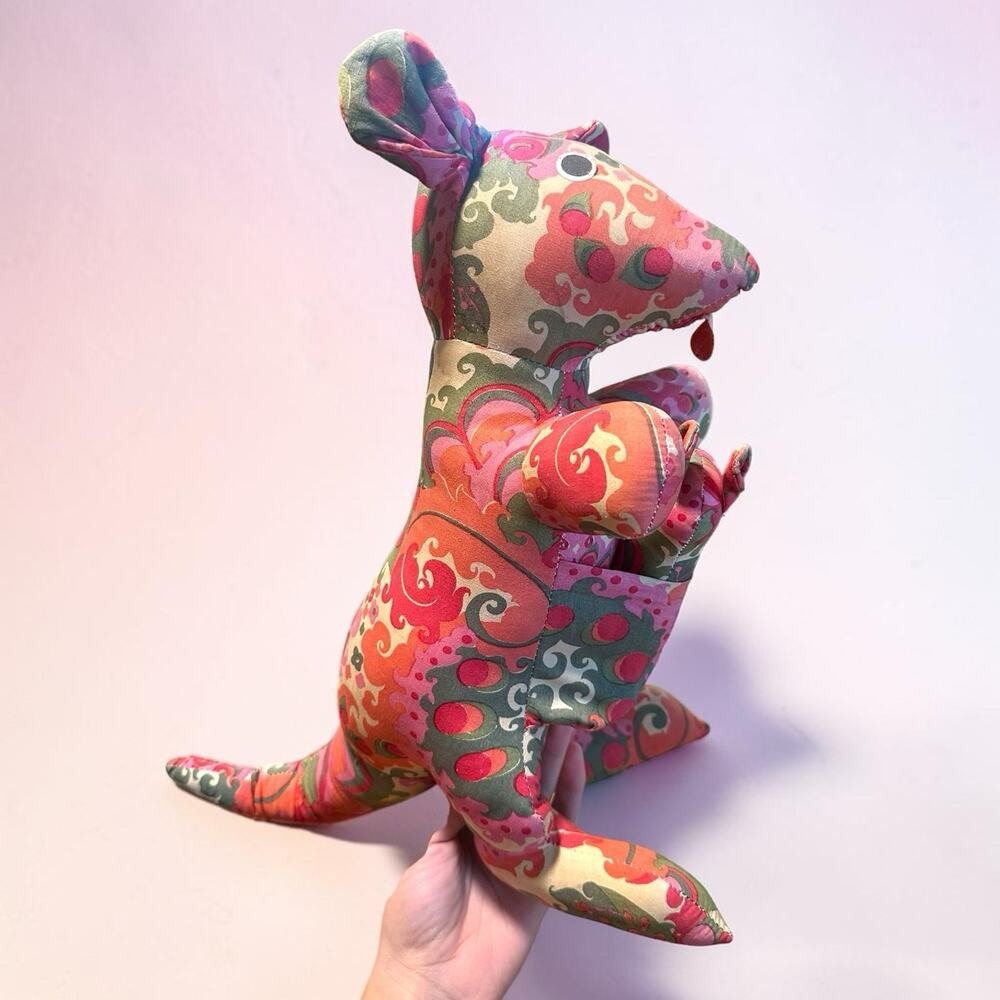Vintage Psychedelic Pink Green Kangaroo & Joey Plush Stuffed Animal 16” Handmade